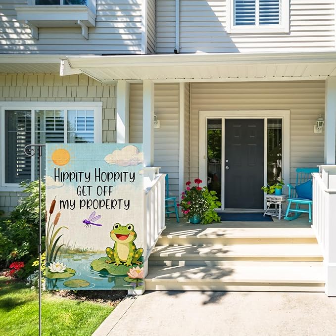 Perfectinsoy Hippity Hoppity Get Off My Property Funny Garden Flag, Doormat Human Rights Yard Banner, Cute Frog Flags, Humor Welcome Yard Farmhouse Lawn Summer Outdoor Decor, Housewarming Flag Gifts