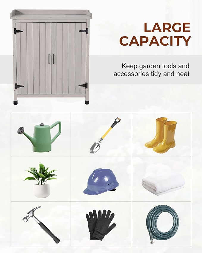 Outdoor Potting Bench with Metal Top, Wooden Garden Storage Cabinet & Tool Shed, Weather-Resistant Workstation for Patio, Backyard, Poolside (Gray)