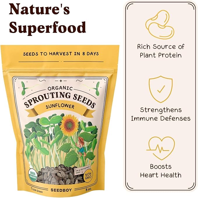 Seedboy Organic Sunflower Seeds for Sprouting - Non-GMO, USA Grown Microgreens Sprouting Seeds Mix - Makes 5 Quarts of Sprouts, 20 Servings (8 oz) (Black Oil Sunflower)