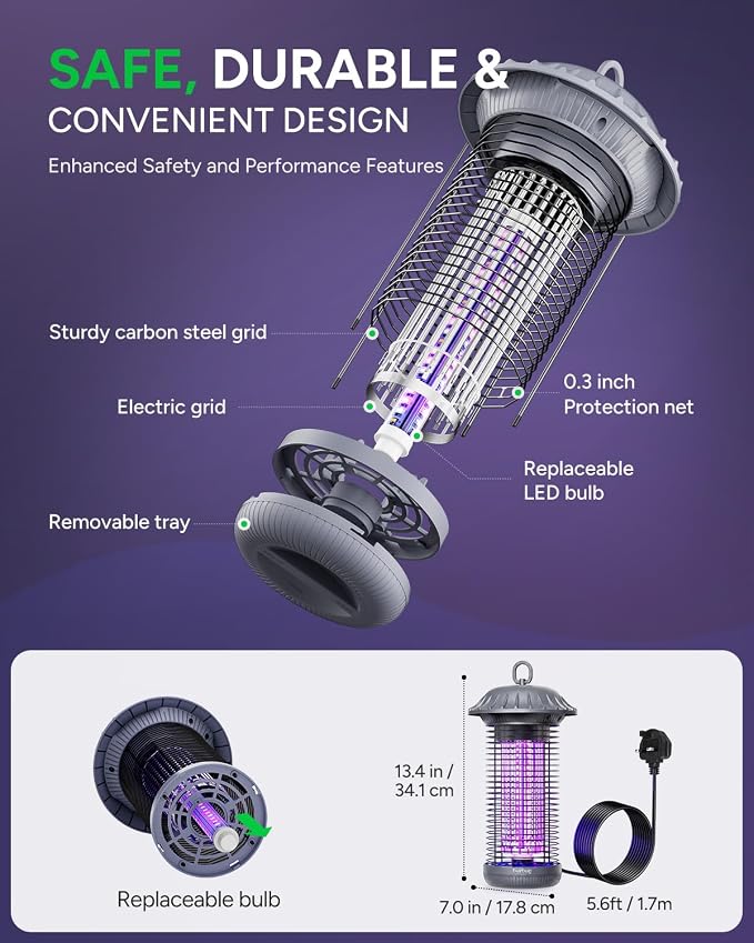 Buzbug LED Bug Zapper Indoor Outdoor, Up to 50000 Hrs Lifespan Lamp, Energy Saving & Dual Band Attraction, 5.6 ft Power Cord, High Voltage Mosquito Fly Zapper Trap Killer -MO008C (Pewter)