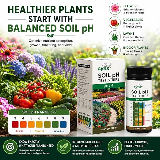 Soil pH Test Kit (3-9 Range) – 100 Test Strips for Garden, Lawn, Vegetable & Flower Beds | Quick & Easy Soil pH Monitoring for Indoor & Outdoor Plants | Leaping Lynx
