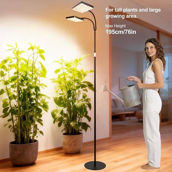 FECiDA 2026 2Head Floor Grow Light, Standing Grow Light with Stable Round Base for Tall and Big Houseplant, Bonsai Tree, Monstera, 4/8/12/16/20 Hr Timer, 50 Watt Power Draw, 40"-76" Height Adjustable