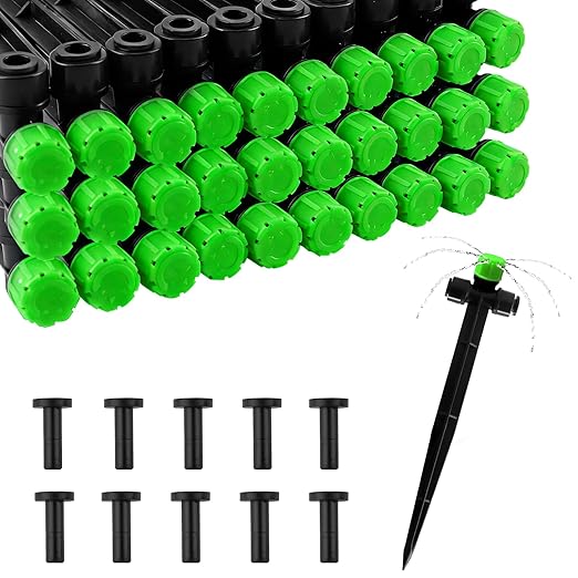 30pcs Drip Irrigation Emitters, Kalolary Adjustable 360 Degree Water Flow Emitters for 1/4" Tubing, Two-Way Connection Irrigation Drippers for Garden, Lawn, and Greenhouse Watering Systems(Green)