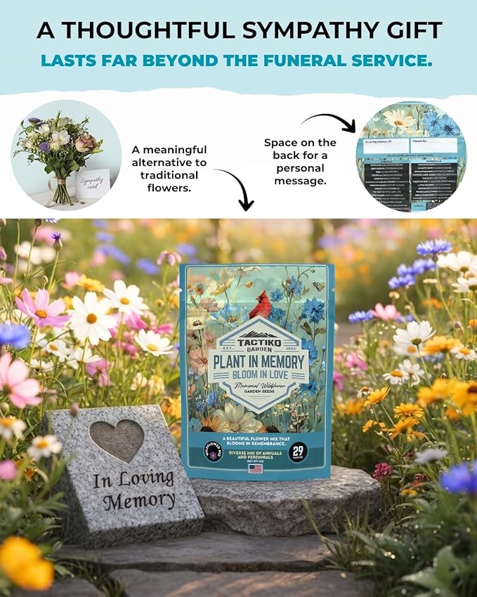 Tactiko Garden 29 Memorial Wildflower Seeds Mix – 30,000+ 1 oz Remembrance Garden Seeds for Loved Ones & Pets – Sympathy Gift, Funeral Favors, Celebration of Life Garden Kit, 150 sq ft Coverage
