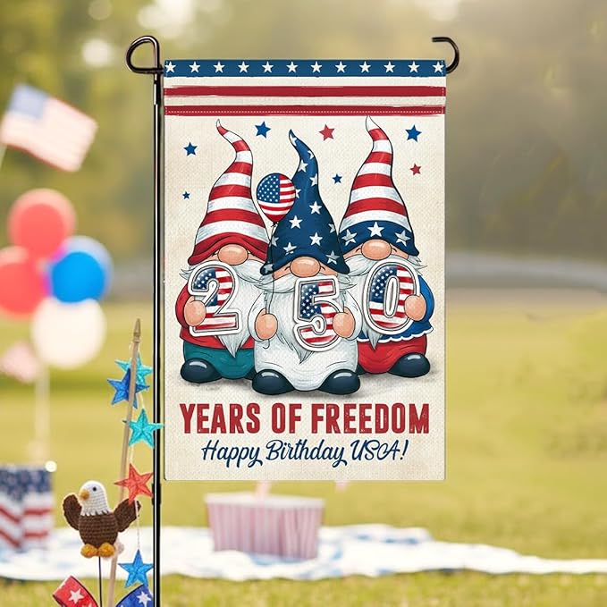 Gnome 250 Years America Patriotic Garden Flag - Independence Memorial Day Decorations, Funny 250 Year American Anniversary Flag, USA Birthday Freedom Yard Sign, 1776-2026 USA 4th of July Garden Flag for Outside