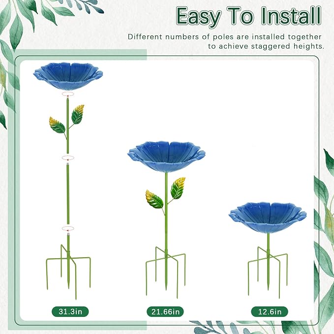 2 Pack Bird Baths for Outdoors, Colorful Metal Bird Bath for Outside, Hummingbird Bath with Five Stakes, Garden Flower Small Birdbath for Garden Decor, 31.3" H x 10.63" Dia (Royal Blue,Pink)