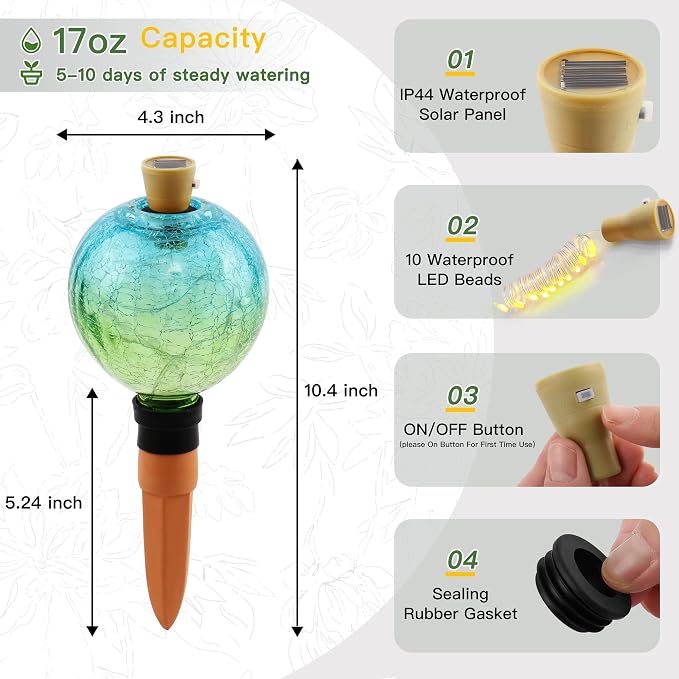 SAVENNA Crackle Glass Plant Watering Globe with Terracotta Spike,Self-Watering Irrigation for Potted Plants, with Solar Accent Light for Indoor & Outdoor Décor, 17oz, Blue–Green Gradient