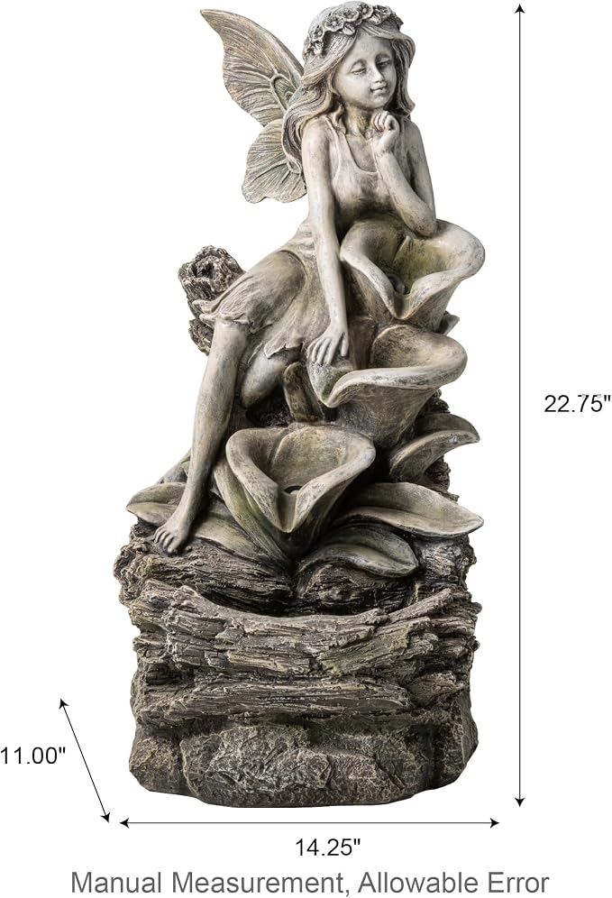 Glitzhome Water Fountain Outdoor, Outdoor Fountain with Lights & Pump, 22.75" H 4-Tiered Concrete Fairy Polyresin Cascading Waterfall Floor Standing Water Feature for Garden, Patio, Yard, Deck