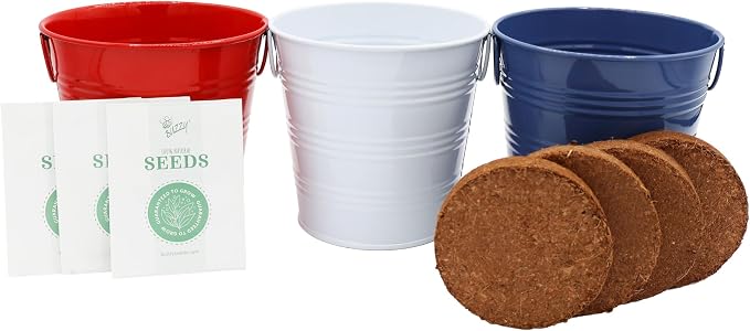 Buzzy Seeds Americana Grow Kit 3-Pack - Metal Windowsill Planter - Complete Indoor/Outdoor Gardening Kit with Seeds, Coconut Husk Growing Medium & Genuine Pots - 100% Grow Guarantee