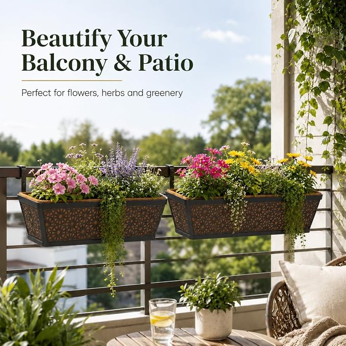 Halatool Railing Deck Balcony Planter Window Boxes, 2 Pack 30 Inch Metal Heavy Duty Planter Boxes with Coco Liner for Windowsill Fence Porch Patio Lawn Outdoor