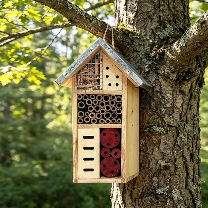 Wooden Insect Hotel for Garden - Bee House & Ladybug House, Pollinator Bug Hotel/Bug House to Attract Beneficial Garden Insects (Tin Color)