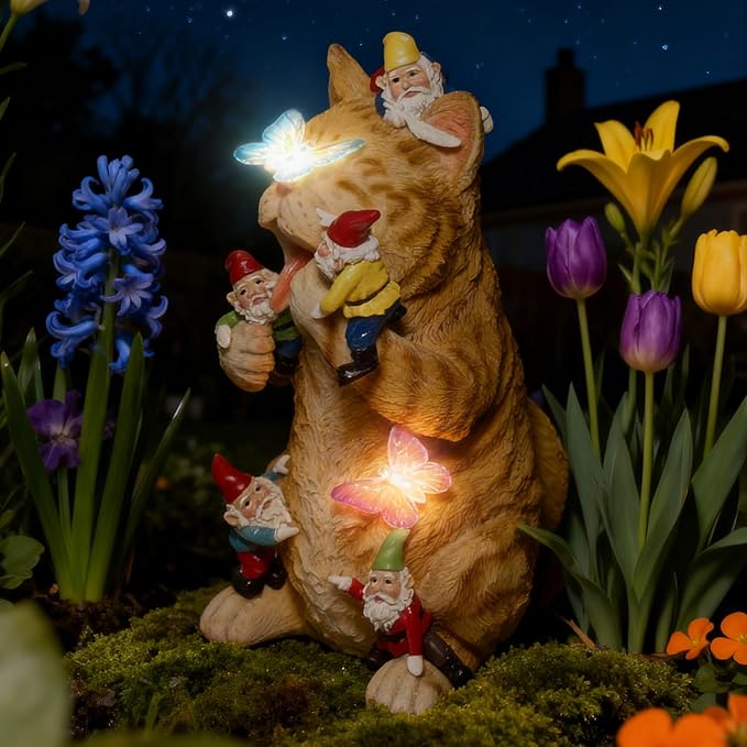 Funny Garden Gnomes Decorations for Yard Statue with Solar Lights Outdoor Cat Sculpture Decor