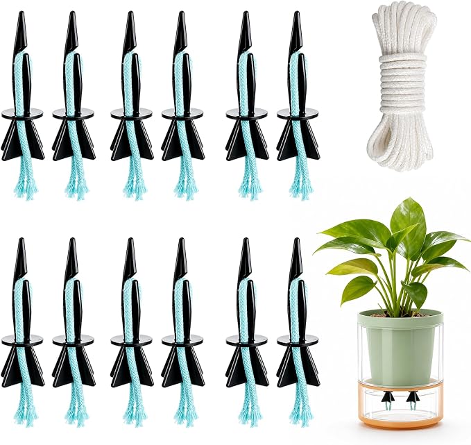 Self Watering Spikes for Indoor Plants, Automatic Plant Watering System for Vacation Care and Office Maintenance, 13-Piece Set with 12 Spikes and Absorbent Cotton Rope