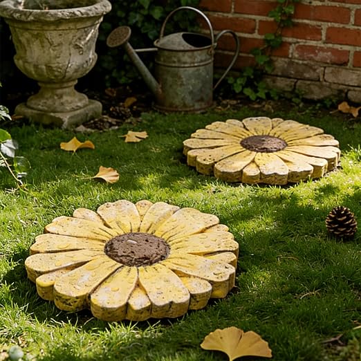 2 Pack Daisy Cement Stepping Stones 10 Inch, Heavy Duty Garden Pathway Stones, Non Slip Outdoor Walkway Decor for Yard Patio Lawn, Weather Resistant Cement Stepping Stones (Yellow)