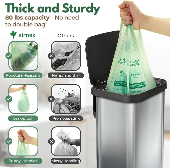 AIRNEX Compostable Kitchen Trash Bags 13 Gal - Cornstrarch Leakproof & Tear Resistant 100 Compost Bags - OK Compost Home & Seedling Certified 0.25 mm Kitchen Garbage Bags