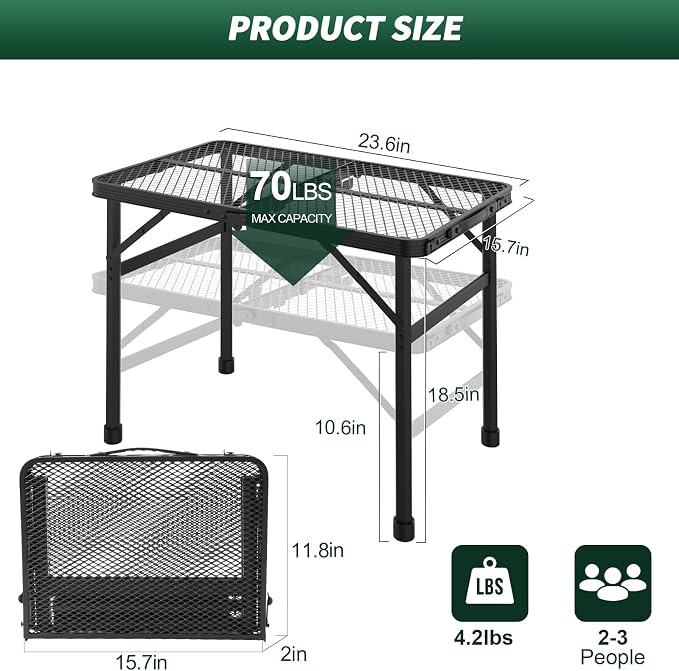 WildFinder Folding Table, 2x1.3 FT Camping Table with Mesh Desktop,Folding Grill Table with Mesh Bag,Portable Outdoor for Picnic,Camping,BBQ,Beach(Black)