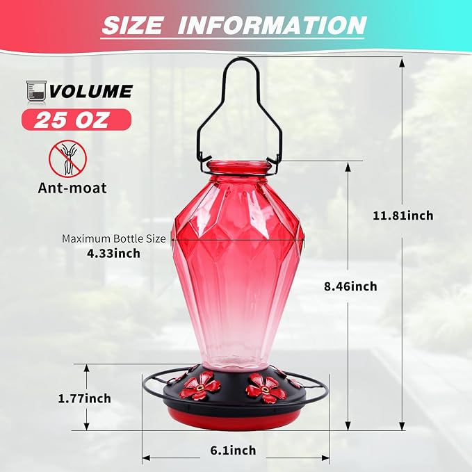 2 Pack Glass Hummingbird Feeder for Outdoors Hanging, 25Oz Humming Bird Nectar Feeder, Perch, 5 Flower Feeding Ports, Leak Proof Base, Hook for Outside Garden Backyard, Gift for Women, Diamond Red