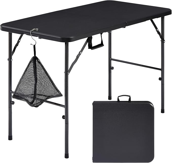 VECELO Folding Table 4 Foot with Mesh Bag, Indoor Outdoor Heavy-Duty Portable w/Handle,Fold-in-Half for Picnic, Party, Camping, Matte Black