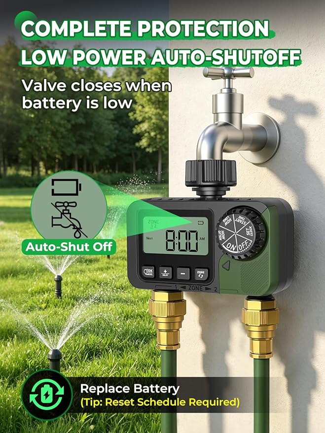 Sprinkler Timer 2 Outlets, Programmable Water Hose Timer with Rain Delay/Manual/Automatic Watering System, Outdoor Digital Auto Irrigation for Garden Yard Lawn with Large Display(Black+Olive Green)
