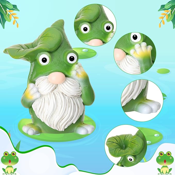 2 Pack Frog Gnome Statue, Outdoor Garden Gnomes Figurine, Spring Summer Theme Green Knome Garden Decoration for Outside Yard Lawn Patio Porch Home Desk Decor