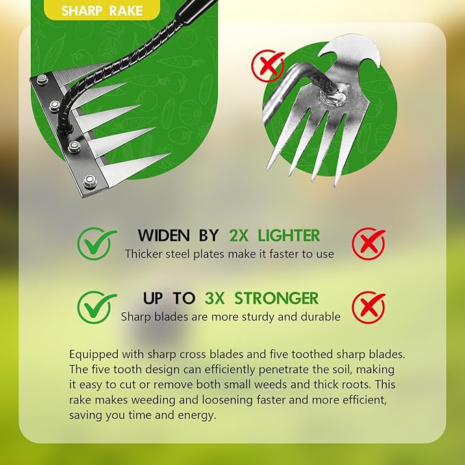 Garden Hand Rake Tool Carbon Steel, Long Handle Weeding Garden Rake, Forged Iron Weeding Rake, Thickened 5 Teeth Carbon Steel Garden Weeding and Leaf Removal Tools