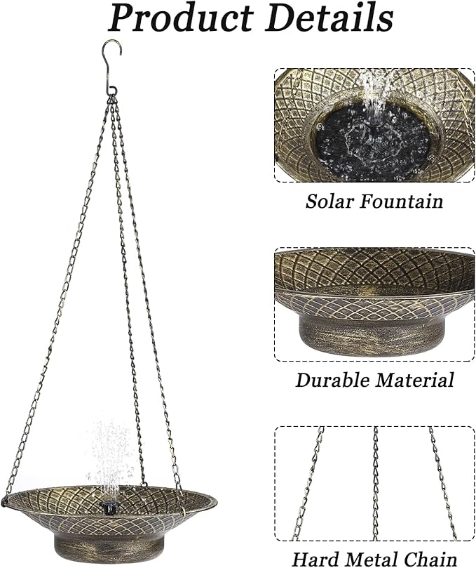 Hanging Solar Bird Bath for Outdoors, Metal Solar Powered Bird Bath Fountain, No Batteries Needed, 12.6" Hanging Bird Baths for Garden Patio Lawn Decor, Gold