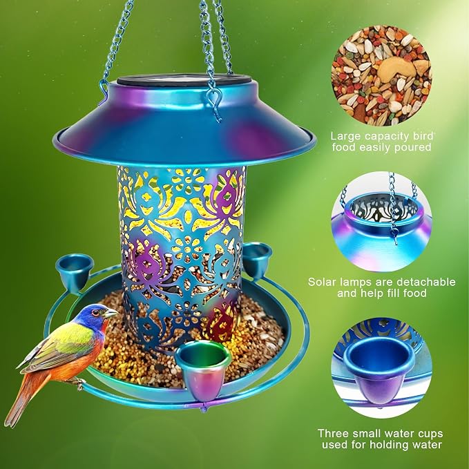 Solar Bird Feeder for Outdoors, 3 Nectar Cups for Hummingbirds, Metal Squirrel-Proof Weatherproof, 2-in-1 Garden Lantern Auto Light at Night, Perfect for Birthdays, Christmas, Bird Lovers