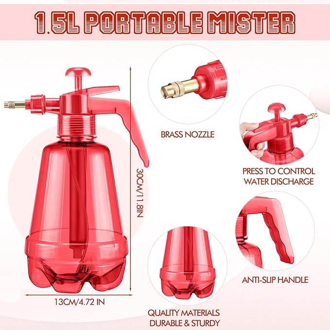 Teenyyou 2 Pcs 1.5 Liter Misters Spray Pump Bottle with Full Neoprene Jacket and Built in Carrying Strap Garden Plant Mister Spray Bottle for Spring Personal Cooling Plants Watering (Red)