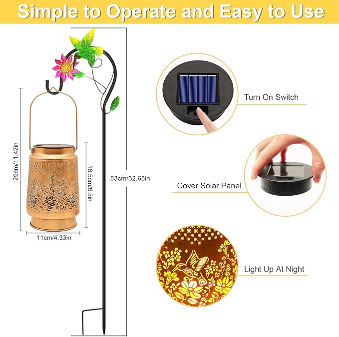 Solar Lanterns Outdoor Hummingbird Garden Decor, Birthday Gifts for Women Mom Grandma, Metal Hanging Solar Lights Waterproof with Shepherd Hook LED Decoration Outside for Garden Yard Patio Porch