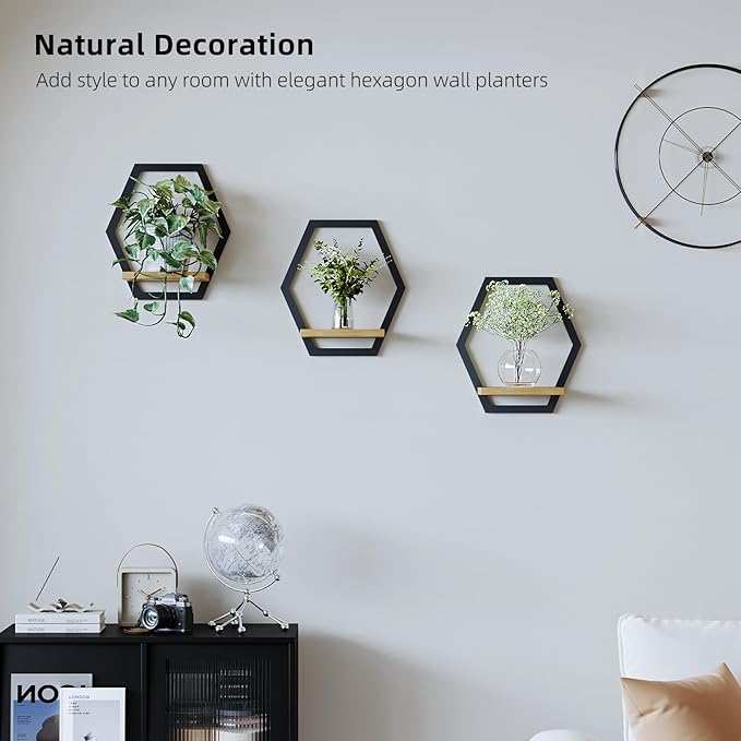 3 Pack Solid Wood & Metal Framework Wall Plant Stands,9 inch Natural Wood Shelf of Indoor,Mid Century Modern Hanging Planter for Outdoor Entryway 25 LB Load for Plants Black