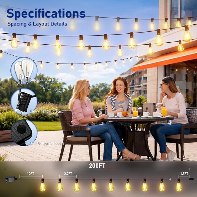 200FT LED Outdoor String Lights with Remote, One Continuous Strand Patio Lights with 72+2 Shatterproof S11 Bulbs, Dimmable 2200K Warm White, Timer & 3 Modes, Low Voltage for Backyard Garden