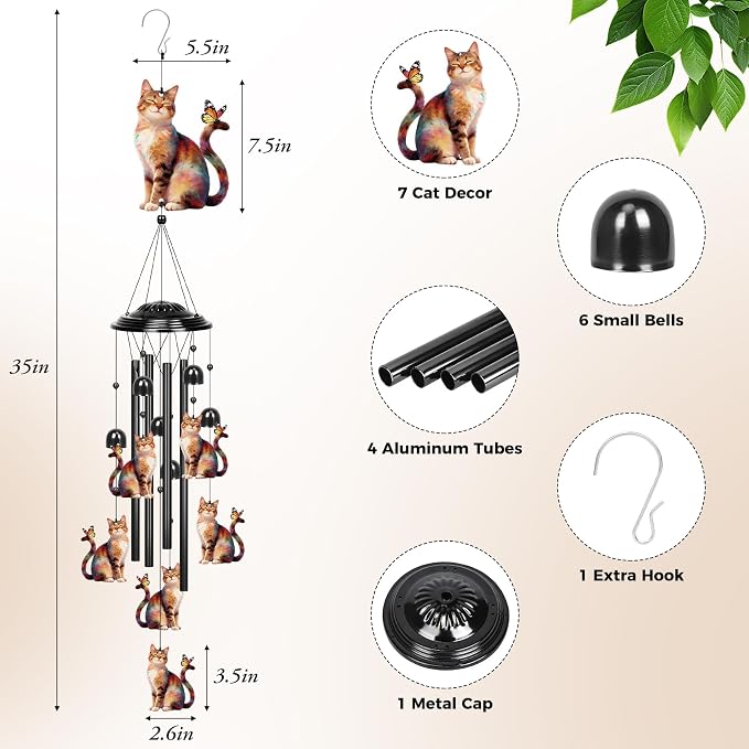 YHmall Cat Gifts for Women, 35 in Wind Chimes for Outside Mothers Day Gardening Gifts for Mom Colorful Metal Memorial Wind Chime Cat Decor for Home Yard Patio Garden Outdoor