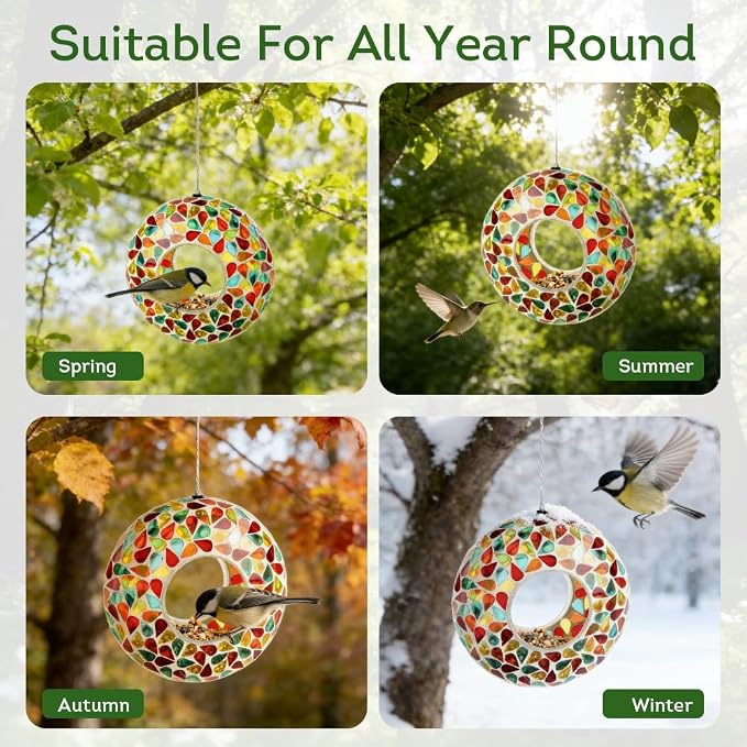 Lily's Home 6 Inches Glass Mosaic Hanging Bird Feeder for Outdoors Fly-Through Large Bird Feeder for Outdoor Garden Decor Backyard, Vibrant Gift for Animal Lovers, Green, Yellow Orange