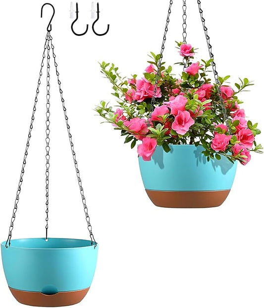 Set of 2 Hanging Planters for Indoor Outdoor Plants, 10 Inch Self-Watering Hanging Flower Pots with Drainage Hole & Removable Water-Storage Tray (Hooks)