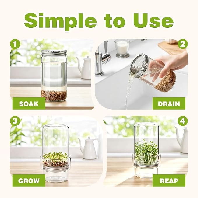 Sprouting Kit, 2 Wide Mouth Sprouting Jar with Stainless Steel Screen Sprout Lids, Blackout Sleeves, Drain Cover, Sprouts Growing Kit for Broccoli, Mung Beans, Alfalfa & Microgreens