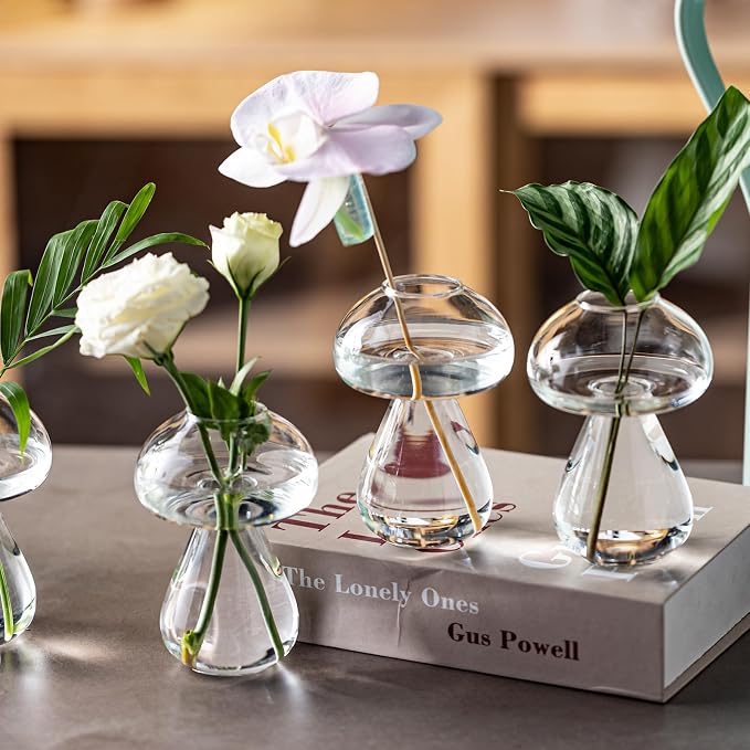 Mushroom Glass Planter, Plant Propagation Station, Cute Mushroom Vase, Clear Glass Terrarium Jar Propagation Vase for Indoor Plants Home Decor, Gifts for Plant Lovers (4)