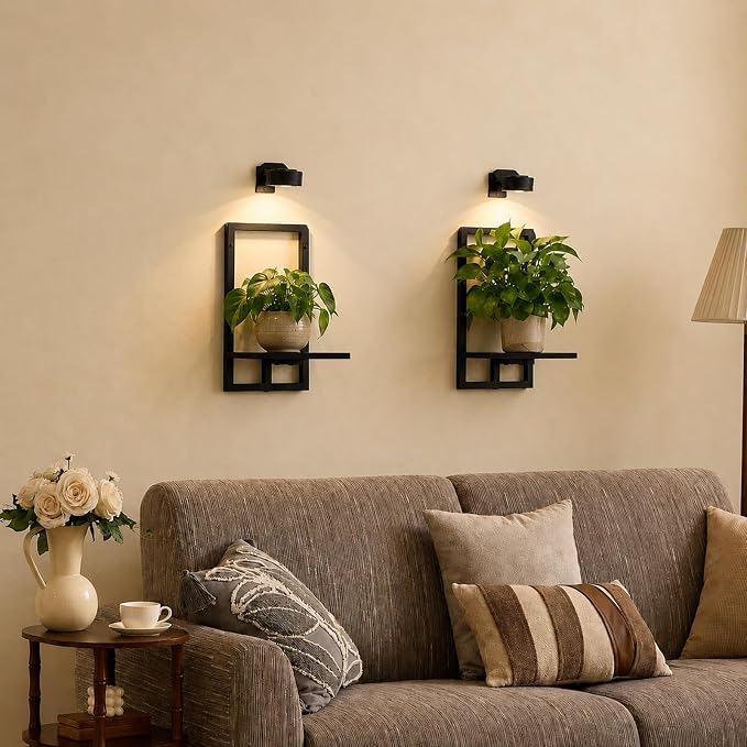 Wall Plant Holder with Grow Lights Set of 2 for Indoor Outdoor, Floating Flower Display Stand for Living Room, Bedroom, Bathroom, Kitchen, Entryway, White (2, Black)