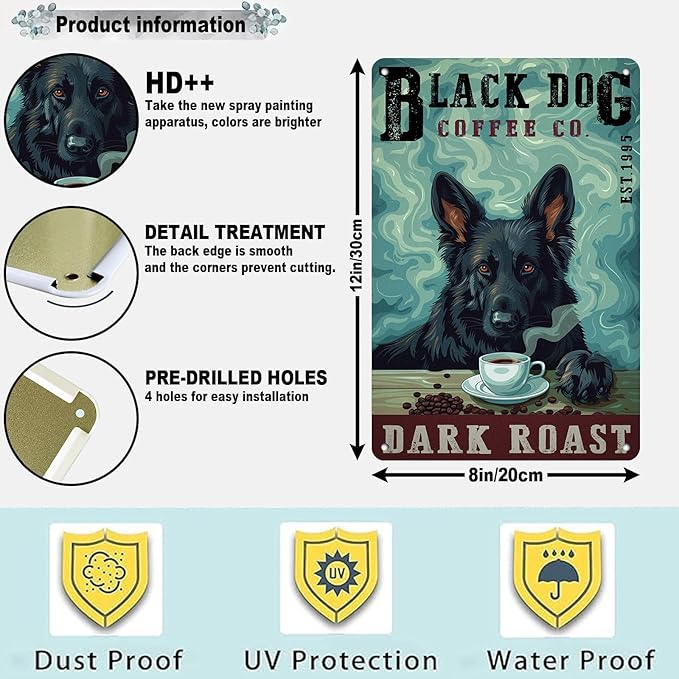 Metal German Shepherd Tin Sign Black German Shepherd Dark Roast Vintage Sign for Cafe Wall Art Home Bar Decor 8x12Inch