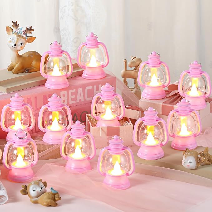 Ferraycle 12 Pcs Mini Lantern Decor 4 Inch Western Lantern Table Centerpiece Small Vintage Camping Hanging Lamp Ornaments Bulk for Cowboy Cowgirl Wedding Halloween Christmas (4 Inch,Pink)