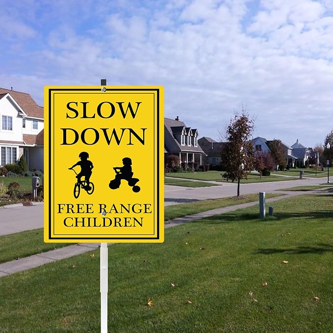 Slow Down Kids At Play Safety Signs for Street with Stake Free Range Children Playing Sign Rustproof Reflective Aluminum Caution Drive Slowly for Yard Driveway Neighborhoods