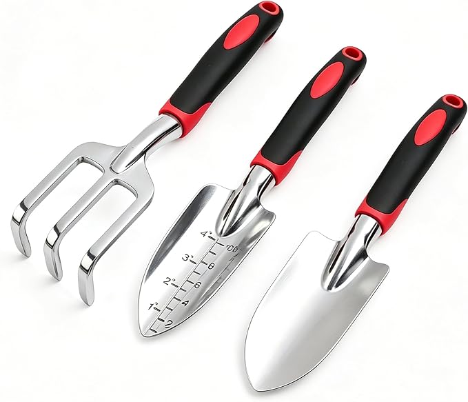 Stainless Steel Garden Tool Set，3 Pieces, Including Hand Shovel & Transplant Shovel & Hand Rake with Non-Slip Soft Ergonomic Handle (red)