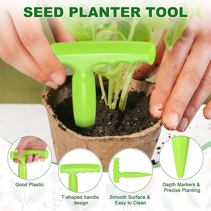 M METERXITY 2-Pack Seed Planter Tool, Plastic Hand Dibber Garden Tool with Handle for Sowing Seeds/Transplanting/Planting Bulbs, Handheld Digging Hole Punch [Grass Green]