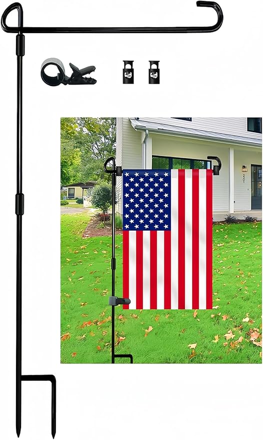 Garden Flag Pole Stand Holder, 2 Pack Garden Flags for Outside with Flag Stopper and Clip Waterproof Powder-Coated Paint