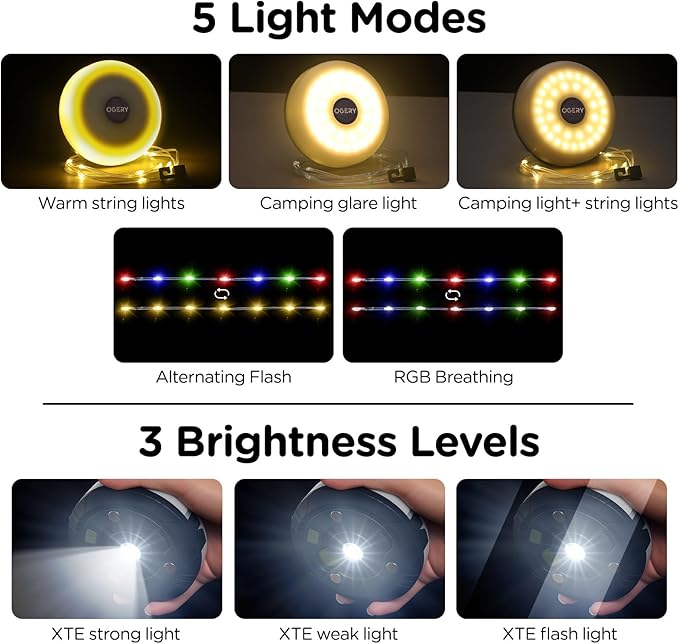 OGERY Camping String Lights, 4 in 1 Quick Storage 32.8FT Rechargeable Indoor Outdoor Fairy String Lights with 8 Lighting Modes, Hanging Portable LED Lamp for Christmas Decor Patio Party Essentials