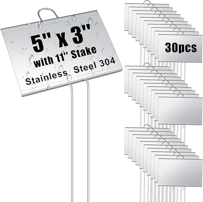 Landhoow 30 Pcs Large Garden Plant Markers Metal Plant Labels Sign 5'' x 3'' with 11'' Stake Weatherproof Waterproof Garden Sign for Outdoor Seedlings Herbs Vegetable Greenhouse, Sliver