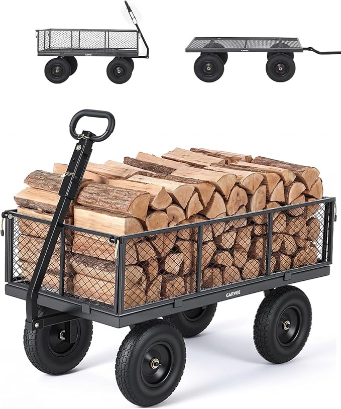 Garvee Versatile Outdoor Utility Cart-1000LBS Heavy-Duty, 13" All-Terrain Pneumatic Tires, Vehicle-Connectable, Easy Maneuverable Lawn Cart with Removable Mesh Panels for Gardening & Landscaping,Grey