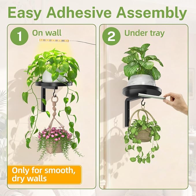 iDavosic.ly Wall Plant Holder with Grow Lights Set of 4 for Indoor Outdoor, Metal Hanger with 2 Hooks, Floating Flower Display Stand for Window, Space Saving & Easy to Assemble (Pots Not Included)