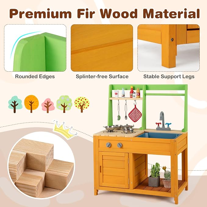 Costzon Mud Kitchen for Kids Outdoor, Wooden Play Kitchen w/Stoves, Removable Sink, Faucet, Oven, Cooking Accessories, Storage Shelves, Montessori Pretend Kitchen Playset for Girls&Boys 3+ Years Old