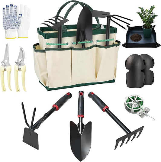 10 Pcs Gardening Tool Set - Heavy Duty Garden Kit with Stainless Steel Pruning Shears, Trowel Garden Tool, Kneeling Pads, Repotting Mat - Garden Tote, Ideal Gardening Gifts for Women and Men