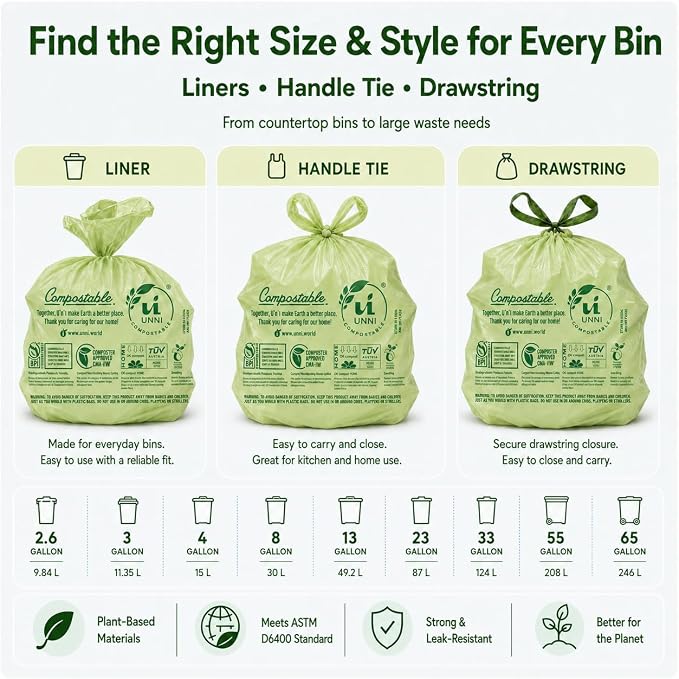 UNNI Compostable Trash Bags, 8 Gallon / 30 Liter, 200 Count Value Pack, Extra Thick 0.85 mil Medium Kitchen Food Scrap Bin Liners, BPI, CMA & OK compost HOME Certified (Meets ASTM D6400)
